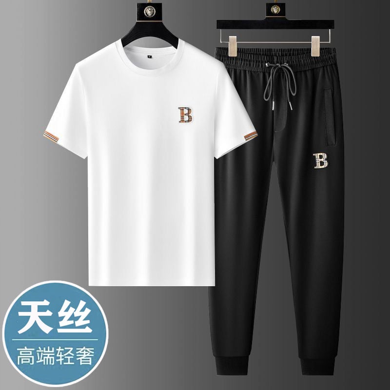 Summer Business Ice Silk Casual Suit Men'S European Station Light Luxury High-End Short-Sleeved Trousers Stitching Sports Suit Men - Image 4